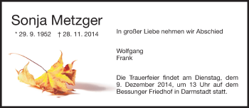 Traueranzeige von Sonja Metzger von Echo-Zeitungen (Gesamtausgabe)