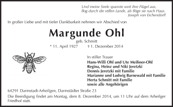 Traueranzeige von Margunde Ohl von Echo-Zeitungen (Gesamtausgabe)