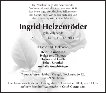 Traueranzeige von Ingrid Heizenröder von Rüsselsheimer Echo, Groß-Gerauer-Echo, Ried Echo