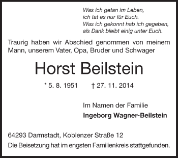 Traueranzeige von Horst Beilstein von Echo-Zeitungen (Gesamtausgabe)