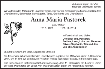 Traueranzeige von Anna Maria Pastorek von Rüsselsheimer Echo, Groß-Gerauer-Echo, Ried Echo