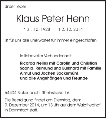 Traueranzeige von Klaus Peter Henn von Echo-Zeitungen (Gesamtausgabe)