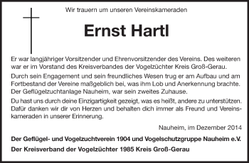 Traueranzeige von Ernst Hartl von Rüsselsheimer Echo, Groß-Gerauer-Echo, Ried Echo