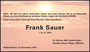 Traueranzeige von Frank Sauer von Rüsselsheimer Echo, Groß-Gerauer-Echo, Ried Echo