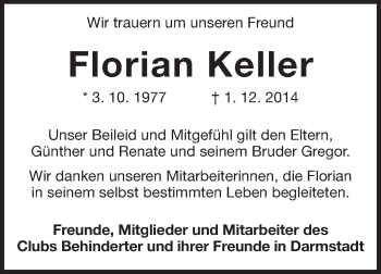 Traueranzeige von Florian Keller von Echo-Zeitungen (Gesamtausgabe)