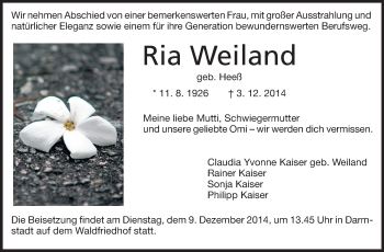Traueranzeige von Ria Weiland von Echo-Zeitungen (Gesamtausgabe)