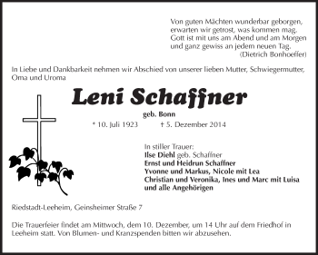 Traueranzeige von Leni Schaffner von Rüsselsheimer Echo, Groß-Gerauer-Echo, Ried Echo