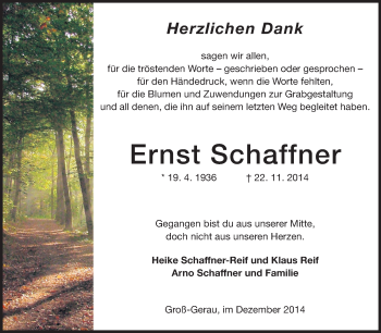 Traueranzeige von Ernst Schaffner von Rüsselsheimer Echo, Groß-Gerauer-Echo, Ried Echo