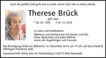 Traueranzeige von Therese Brück von Darmstädter Echo, Odenwälder Echo, Rüsselsheimer Echo, Groß-Gerauer-Echo, Ried Echo
