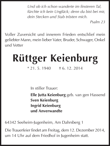 Traueranzeige von Rüttger Keienburg von Echo-Zeitungen (Gesamtausgabe)