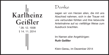 Traueranzeige von Karlheinz Geißler von Rüsselsheimer Echo, Groß-Gerauer-Echo, Ried Echo