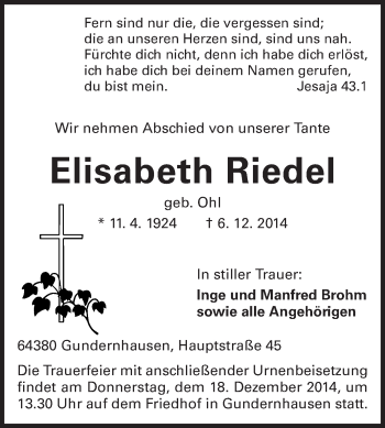 Traueranzeige von Elisabeth Riedel von Echo-Zeitungen (Gesamtausgabe)