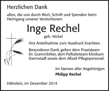 Traueranzeige von Inge Rechel von Echo-Zeitungen (Gesamtausgabe)