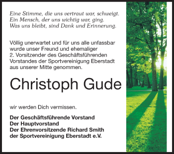 Traueranzeige von Christoph Gude von Echo-Zeitungen (Gesamtausgabe)