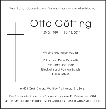Traueranzeige von Otto Götting von Rüsselsheimer Echo, Groß-Gerauer-Echo, Ried Echo