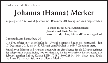 Traueranzeige von Johanna Merker von Echo-Zeitungen (Gesamtausgabe)
