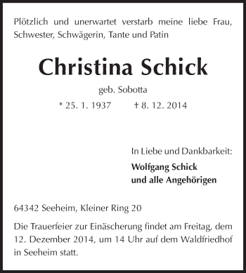 Traueranzeige von Christina Schick von Echo-Zeitungen (Gesamtausgabe)