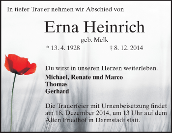 Traueranzeige von Erna Heinrich von Echo-Zeitungen (Gesamtausgabe)
