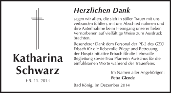 Traueranzeige von Katharina Schwarz von Odenwälder Echo