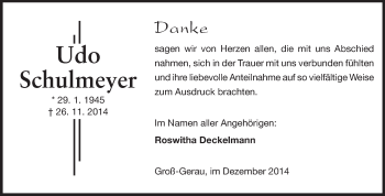Traueranzeige von Udo Schulmeyer von Rüsselsheimer Echo, Groß-Gerauer-Echo, Ried Echo