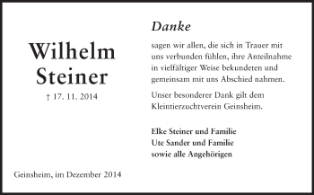 Traueranzeige von Wilhelm Steiner von Rüsselsheimer Echo, Groß-Gerauer-Echo, Ried Echo