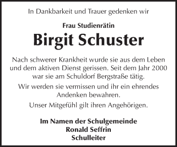 Traueranzeige von Birgit Schuster von Echo-Zeitungen (Gesamtausgabe)