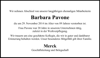 Traueranzeige von Barbara Pavone von Echo-Zeitungen (Gesamtausgabe)