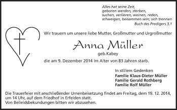 Traueranzeige von Anna Müller von Rüsselsheimer Echo, Groß-Gerauer-Echo, Ried Echo