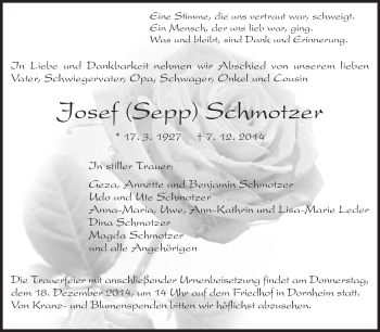 Traueranzeige von Josef Schmotzer von Rüsselsheimer Echo, Groß-Gerauer-Echo, Ried Echo