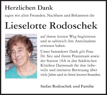 Traueranzeige von Lieselotte Rodoschek von Echo-Zeitungen (Gesamtausgabe)