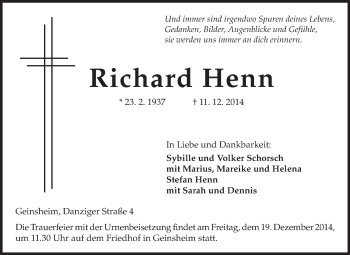 Traueranzeige von Richard Henn von Rüsselsheimer Echo, Groß-Gerauer-Echo, Ried Echo