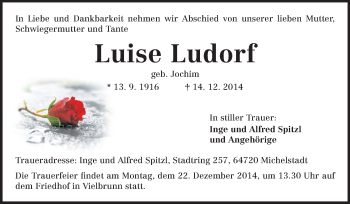 Traueranzeige von Luise Ludorf von Odenwälder Echo