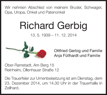 Traueranzeige von Richard Gerbig von Darmstädter Echo, Odenwälder Echo, Rüsselsheimer Echo, Groß-Gerauer-Echo, Ried Echo