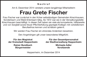 Traueranzeige von Grete Fischer von Starkenburger Echo