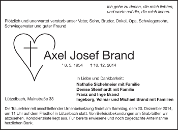 Traueranzeige von Axel Josef Brand von Odenwälder Echo