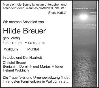 Traueranzeige von Hilde Breuer von Darmstädter Echo, Odenwälder Echo, Rüsselsheimer Echo, Groß-Gerauer-Echo, Ried Echo