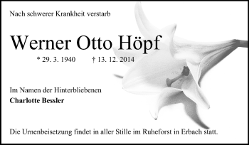 Traueranzeige von Werner Otto Höpf von Odenwälder Echo