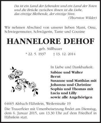 Traueranzeige von Hannelore Dehof von Echo-Zeitungen (Gesamtausgabe)