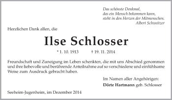 Traueranzeige von Ilse Schlosser von Echo-Zeitungen (Gesamtausgabe)