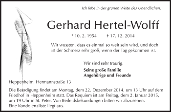 Traueranzeige von Gerhard Hertel-Wolff von Starkenburger Echo
