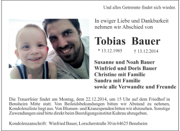 Traueranzeige von Tobias Bauer von Starkenburger Echo, Bergsträßer Anzeiger