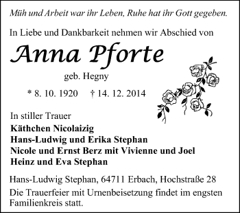 Traueranzeige von Anna Pforte von Odenwälder Echo