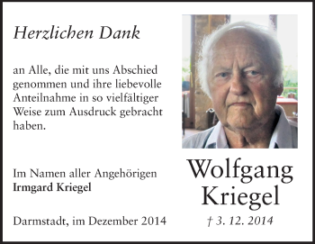 Traueranzeige von Wolfgang Kriegel von Echo-Zeitungen (Gesamtausgabe)