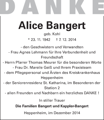 Traueranzeige von Alice Bangert von Starkenburger Echo