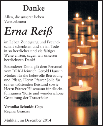 Traueranzeige von Erna Reiß von Echo-Zeitungen (Gesamtausgabe)