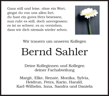 Traueranzeige von Bernd Sahler von Rüsselsheimer Echo, Groß-Gerauer-Echo, Ried Echo