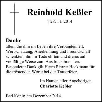 Traueranzeige von Reinhold Keßler von Odenwälder Echo