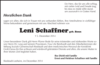 Traueranzeige von Leni Schaffner von Rüsselsheimer Echo, Groß-Gerauer-Echo, Ried Echo