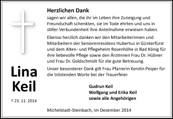 Traueranzeige von Lina Keil von Odenwälder Echo