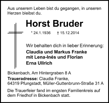 Traueranzeige von Horst Bruder von Echo-Zeitungen (Gesamtausgabe)